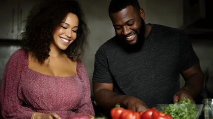 A happy diverse couple smiles while preparing a healthy meal together in a kitchen surrounded by fresh ingredients