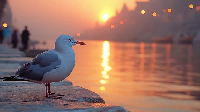 A seagull perches on the edge of a pier, overlooking the ocean