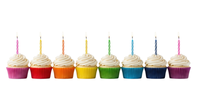Eight vanilla cupcakes, white buttercream frosting, rainbow-colored liners & lit candles, precise horizontal line, transparent studio background with copy space, joyful birthday celebration atmosphere