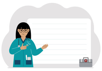 Smiling woman doctor holding a file with blank paper for text. Vector