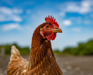 Curious hen gazes across the farmyard under a bright blue sky, perfect for agricultural campaigns and depicting rural life with charm and authenticity