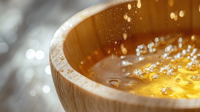 Liquid honey in a wooden bowl with bubbles on a sunny day