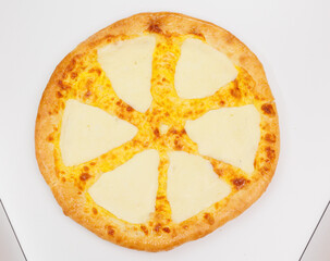 A freshly baked Georgian Khachapuri with melted Sulguni cheese atop a golden crust, set on a clean white surface