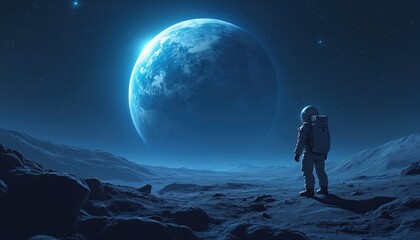 Astronaut stands on lunar surface gazing at bright blue Earth in starry deep space. Vast alien landscape unfolds under cosmic sky. Future exploration and solitude concept art.