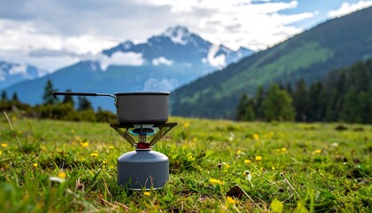 An outdoor cooking setup features a small pot simmering on a portable gas burner, set in a grassy meadow with a mountainous backdrop