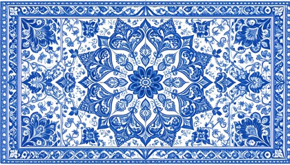 An ornate rectangular design featuring a central floral medallion and detailed floral patterns in shades of blue on a white background