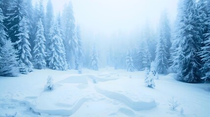 Fototapeta premium Winter Wonderland Scene: A serene winter landscape unfolds, with snow-laden trees standing amidst a frosted forest, shrouded in a soft, ethereal mist.