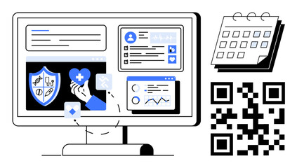Computer monitor displaying health dashboard with insurance, medical charts, and profile. Includes QR code and calendar. Ideal for healthcare, telemedicine, data analysis, organization, planning