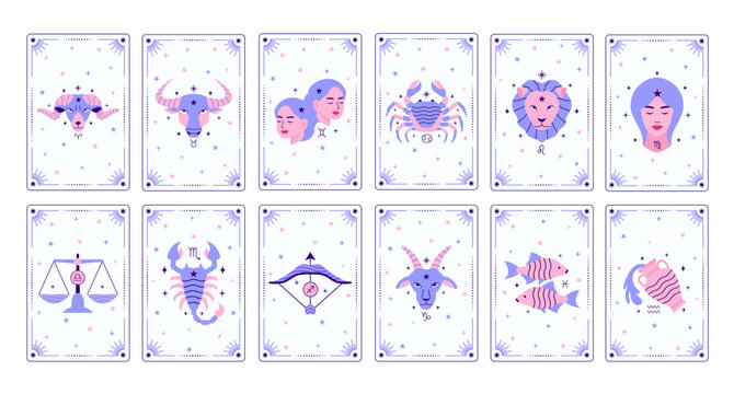 Collection of tarot cards with  zodiac signs in line art style