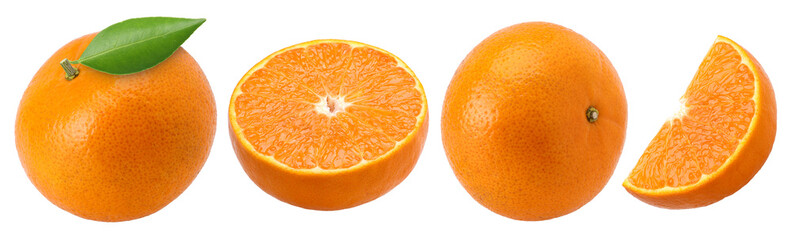 Close-up, Orange fruit with leaves (Mandarin orange), slices and half isolated, transparent PNG,...
