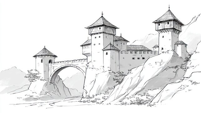 Ancient stone fortress perched on a rocky cliff connected by a stone bridge