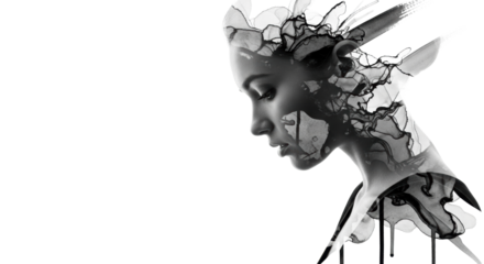 A young caucasian woman (20-25) in elegant profile, softly lit, contemplative, with abstract black watercolor overlay on transparent background with copy space, concept of abstract mental state and