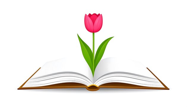 An open book illustration with a vibrant pink tulip sprouting from the pages, symbolizing growth and knowledge