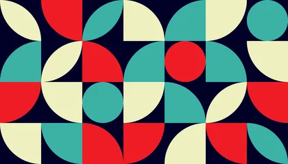 Fotobehang Kunst Colorful geometric pattern of circles and semicircles in red, teal, and cream on dark background, forming a balanced, symmetrical abstract design.  © DIMA RYKOV