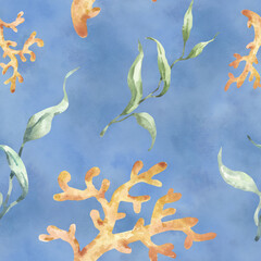 Watercolor seaweed. Seamless pattern on a white background. Hand-drawn marine illustration for fabric, textile, poster, wallpaper, cover, and print.