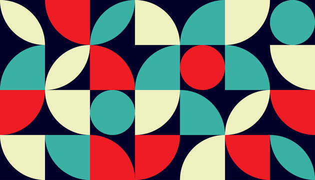 Colorful geometric pattern of circles and semicircles in red, teal, and cream on dark background, forming a balanced, symmetrical abstract design.