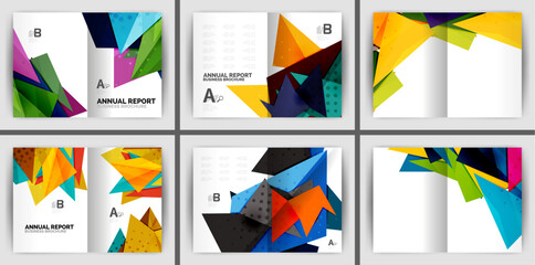 Colorful brochure designs. Geometric shapes, vibrant hues, modern layouts. Suitable for annual reports, business presentations. Clean, professional aesthetic.