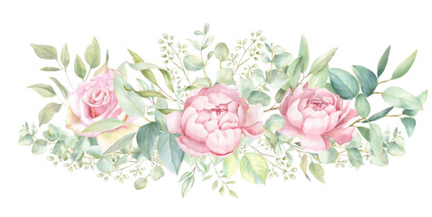 Rococo Watercolor Pink Rose Border, floral frame PNG, hand-painted Bouquet 