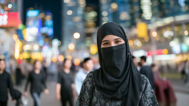 195Young Muslim woman in black niqab walking through bustling city street, blurred crowd around her, neon signs and streetlights glowing in the background