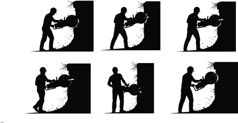 Silhouette vector illustration of construction worker cutting wall with circular saw, demolition, safety, renovation, repair, maintenance, power tool, and industry