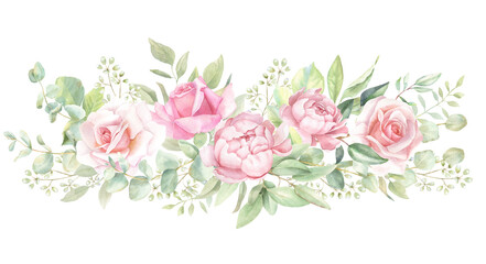 Rococo Watercolor Pink Rose Border, floral frame PNG, hand-painted Bouquet 