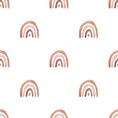 Brown balloons. Watercolor hand-drawn minimalistic seamless pattern with brown and beige rainbow. Cute boho print for kids. Вrawing rainbow by hand
