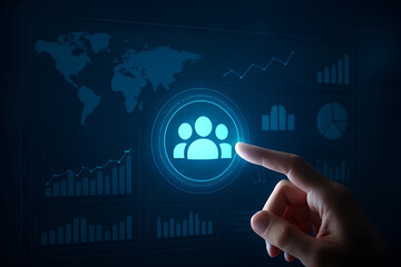 Digital User Interface for Team Management – Finger Touching Virtual Dashboard with World Map, Graphs, and People Icon.