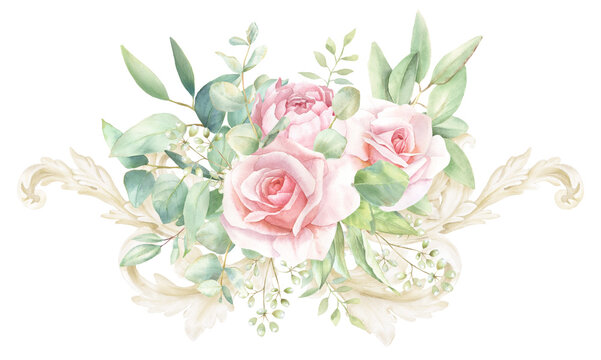 Rococo Watercolor Pink Rose Border, floral frame PNG, hand-painted Bouquet  - Powered by Adobe