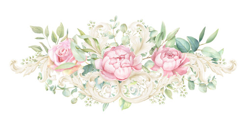 Rococo Watercolor Pink Rose Border, floral frame PNG, hand-painted Bouquet 