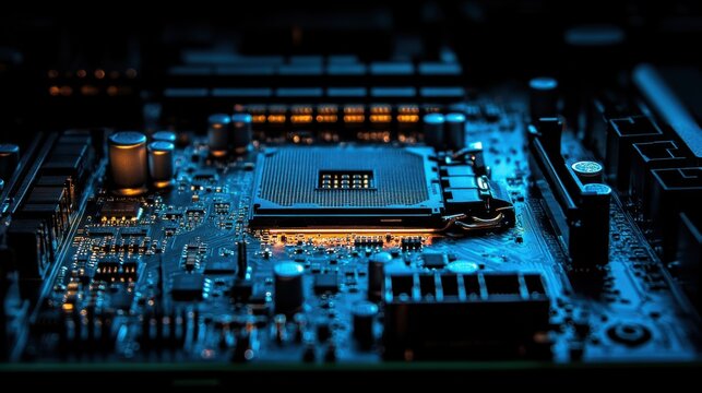 Close-up view of a computer motherboard highlighting electrical components and connections at night
