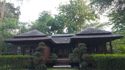 Beautiful traditional house surrounded by lush greenery in a serene outdoor environment