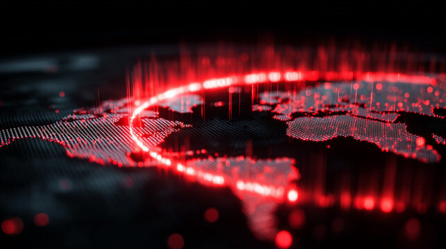 AI-generated image - Futuristic red digital world map showing global cyber attack and data breach visualization.