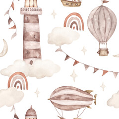 Brown balloons. Watercolor hand-drawn seamless pattern with brown and beige lighthouse, airship, hot air balloon in the sky on white background. Cute boho print for kids. © Nellya Egorova