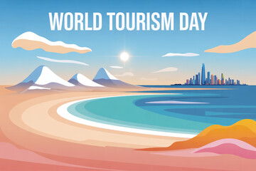 Embrace global exploration with vibrant scenes of sun-drenched beaches, majestic mountains, and iconic city skylines celebrating World Tourism Day.