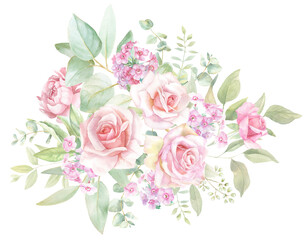 Rococo Watercolor Pink Rose Border, floral frame PNG, hand-painted Bouquet 