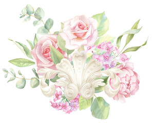 Rococo Watercolor Pink Rose Border, floral frame PNG, hand-painted Bouquet 