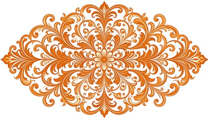 An ornate, symmetrical design with swirling botanical elements in a warm orange hue, creating a classic, decorative oval shape