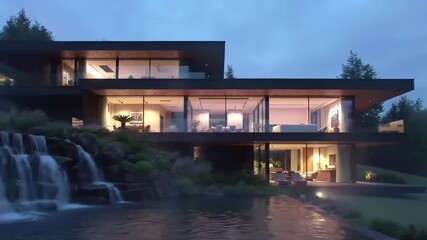 Modern luxury home exterior with waterfall windows and scenic dusk lighting