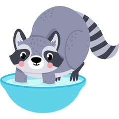 Cute cartoon raccoon character with black and grey stripes playfully dipping paws into a bright blue bowl of water with a transparent background