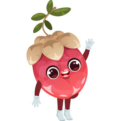 Cute Cartoon Red Berry Character Waving Hello with Green Leaves and Tan Stem on Transparent Background