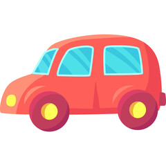 Cute cartoon red car with blue windows and yellow headlights on a transparent background for children's illustrations and designs