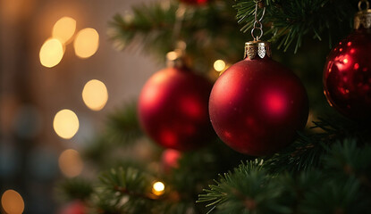 Close up of red Christmas balls on a Christmas tree with bokeh background