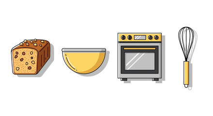 A set of four illustrated baking essentials featuring a loaf of bread, a mixing bowl, a modern oven, and a wire whisk on a white background