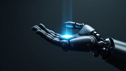 Sovremennyy 3D-render robotizirovannoy ruki, akkuratno derzhashchey svetyashchiyusya mikroskhemu / plastinu Krupnyy plan futuristicheskoy VR-garnitury so svetovymi luchami, vykhodyashchimi iz linz, te