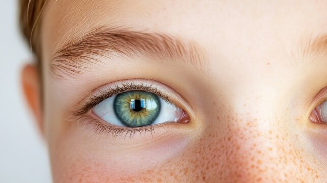 Close-up view of a child's captivating green eyes with freckles, highlighting their vibrant colors and unique features