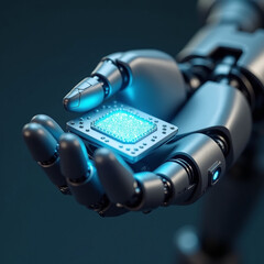 Sovremennyy 3D-render robotizirovannoy ruki, akkuratno derzhashchey svetyashchiyusya mikroskhemu / plastinu Krupnyy plan futuristicheskoy VR-garnitury so svetovymi luchami, vykhodyashchimi iz linz, te