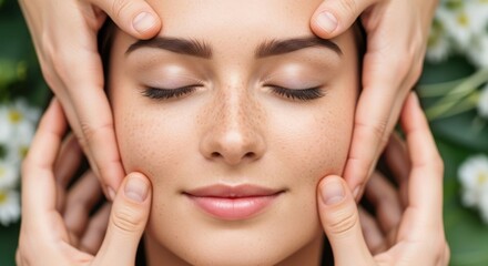 Relaxing facial massage taking place outdoors in a natural setting with flowers and greenery