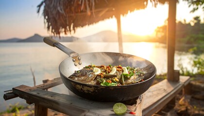 An outdoor sunset meal features a fish dish cooking in a pan, with a lake, mountains, and hut in the background