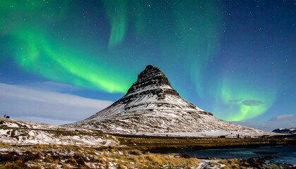 An iconic snow-covered peak under an ethereal display of aurora borealis. The sky is ablaze with green hues over the dramatic landscape