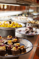 An enticing spread of colorful desserts is arranged on plates at a lively event. Guests enjoy a variety of sweets including chocolate cakes and fruit tarts. The atmosphere is joyful and inviting
